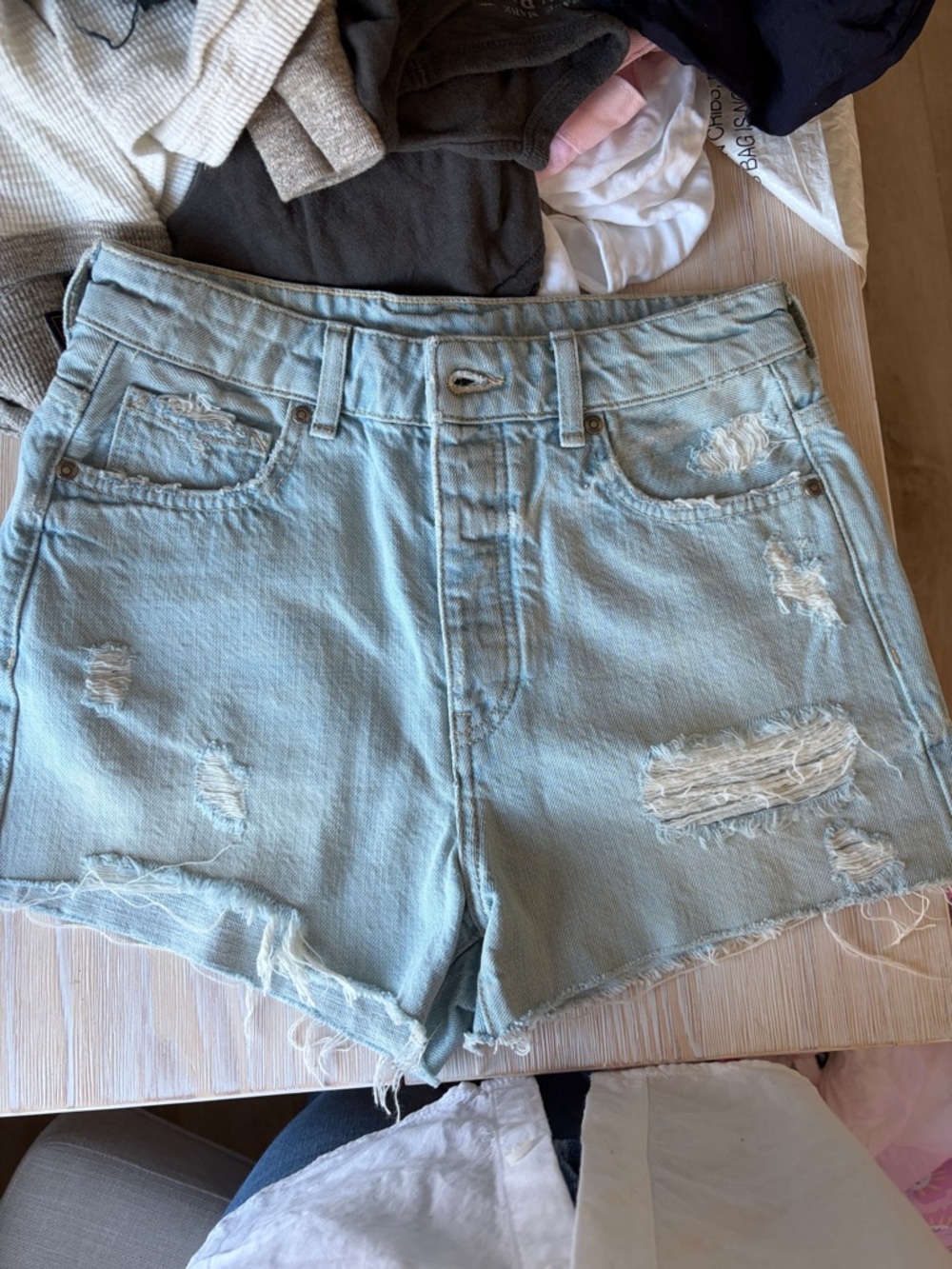 High-Rise Light Blue Distressed Denim Shorts - Women